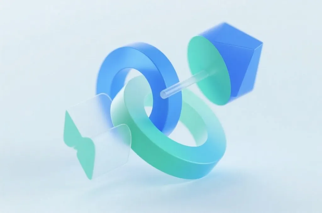 An abstract 3D visual of interlocking geometric rings and shapes symbolizing synergy and strategic planning